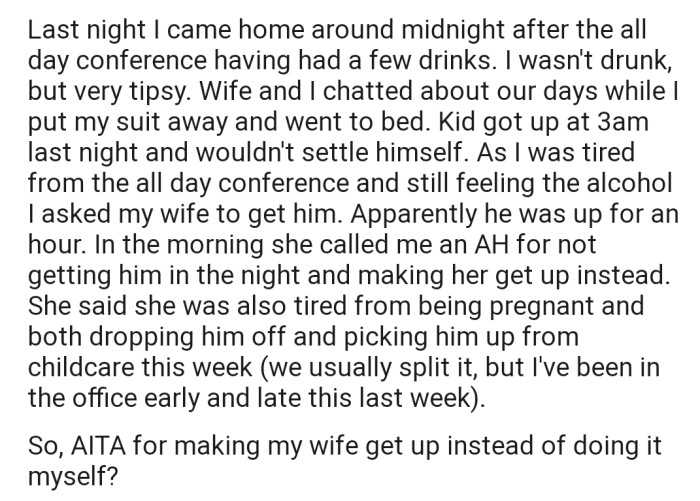 After a long day at the conference, OP returned to get some rest. However, the next morning, his wife slammed him for making her cater to their son at 3am without offering to help