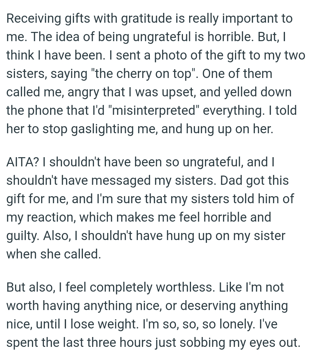 Dad Got This Gift for Her, and She's Sure That Her Sisters Told Him About Her Reaction