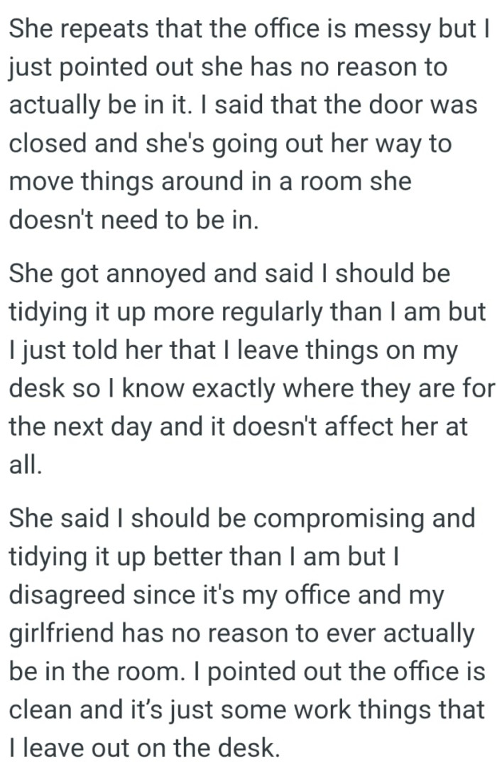 She said the OP should be tidying the room better than he is doing