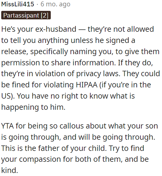 OP's ex-husband's medical information can't be shared without his explicit consent.
