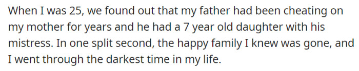 At 25, OP's world crumbled when revelations of their father's affair unveiled a 7-year-old half-sister.