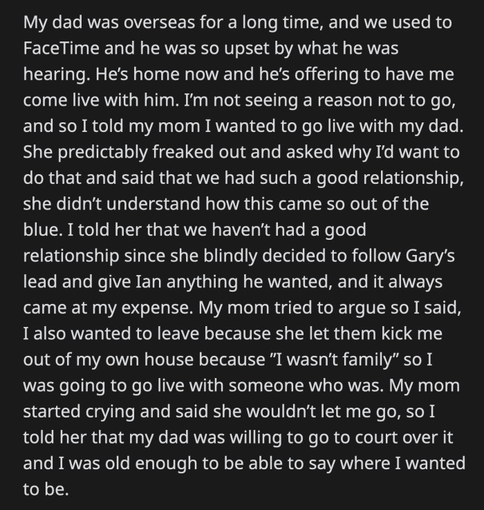 OP told her mom that her dad is willing to fight for her in court if she blocks this in any way.