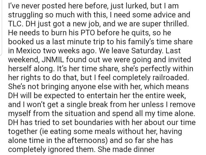 OP and their husband had a trip planned out for themselves. But their MIL invited herself and has been intruding on their private time