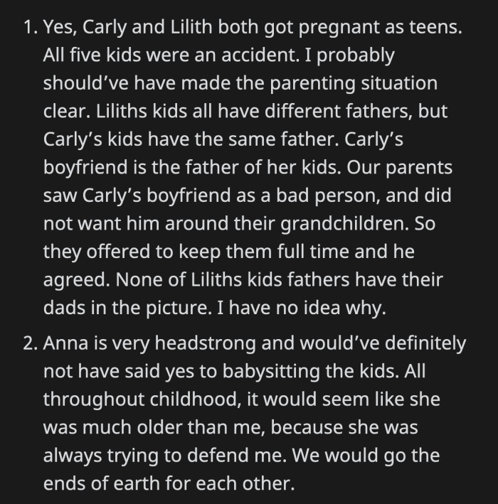 OP added a few details about the fathers of her sisters children