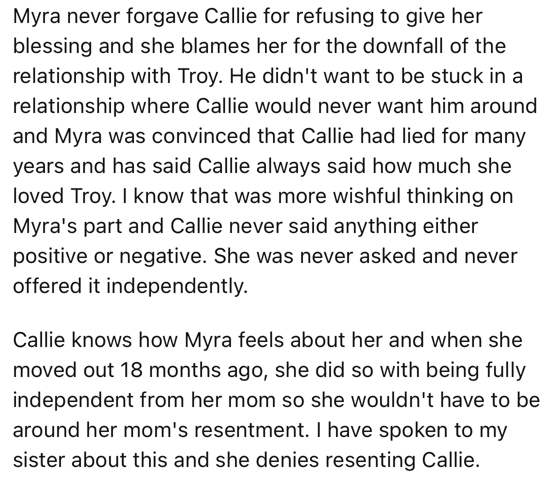 According to OP, Myra never forgave Callie for ruining her relationship with Troy. However, Myra has insisted that she doesn’t resent Callie