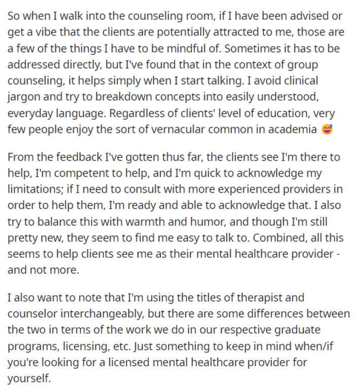 She elaborates on how she manages clients who may be attracted to her.