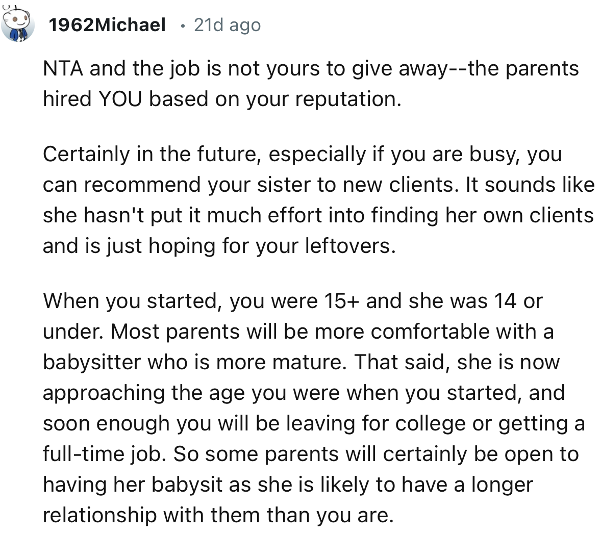“NTA and the job is not yours to give away—the parents hired YOU based on your reputation.”