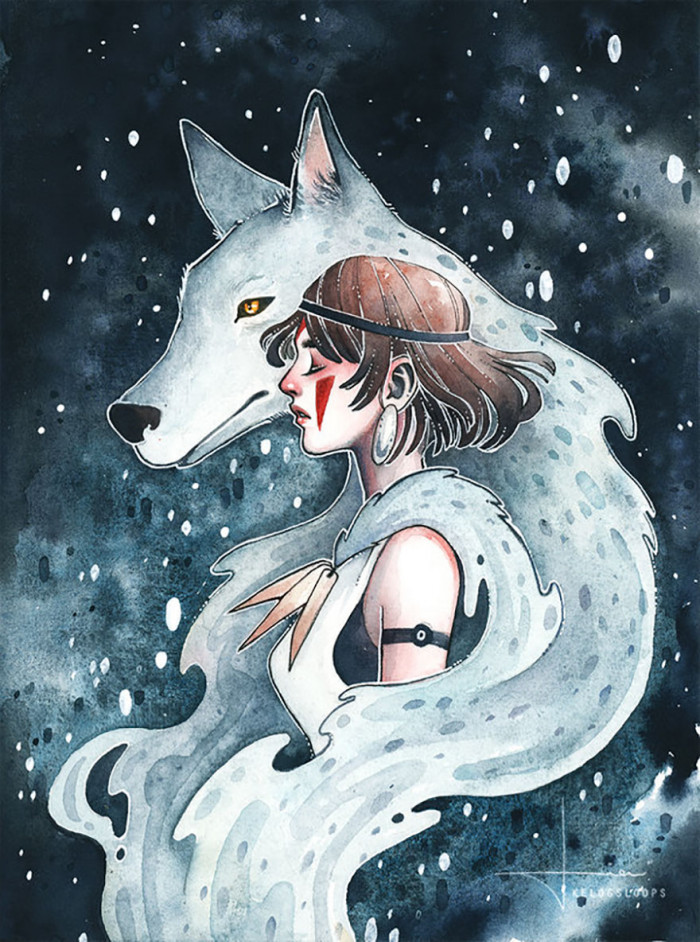 9. Princess Mononoke Watercolor Painting By Kelogsloops