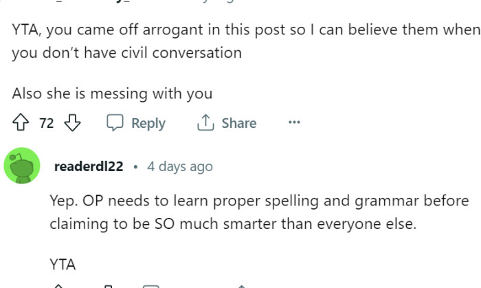 OP copes off pretty arrogant here