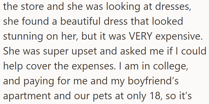 The sister chose an expensive dress, and asked the OP to pay for it: