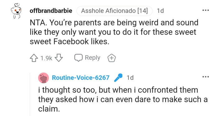 Seems OP's parents are looking for a little online attention