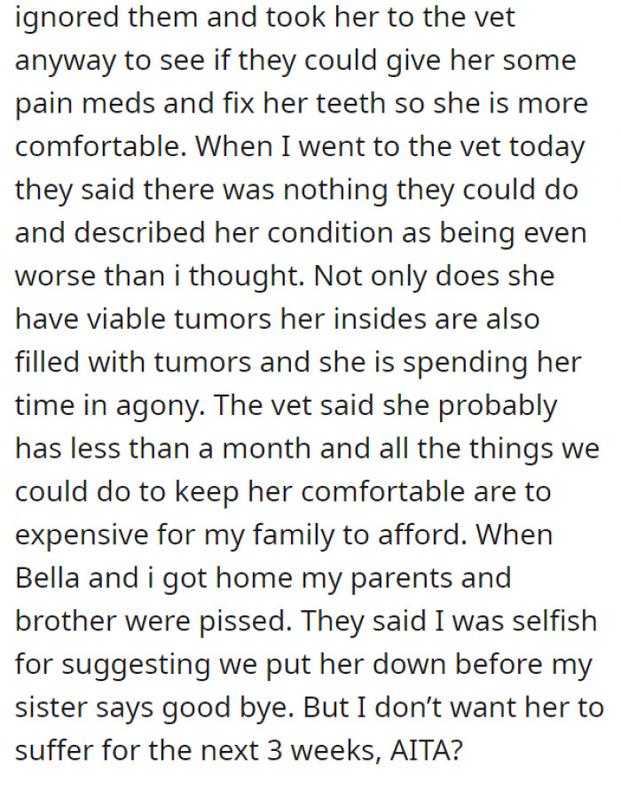 Although the parents disagreed, OP took charge and brought her to the vet. However, the excursion came back fruitless—Bella’s insides are also filled with tumors, and there is nothing they could do about it.