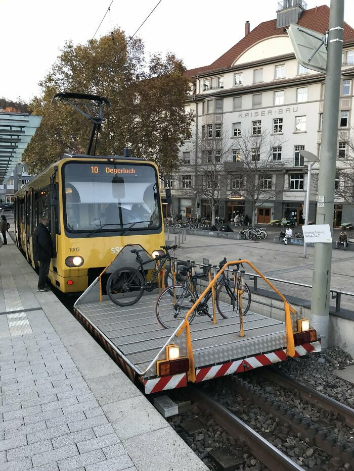 3. A tram on the Stuttgart rack railway, complete with a handy bike trailer, rolls through Stuttgart, Germany.