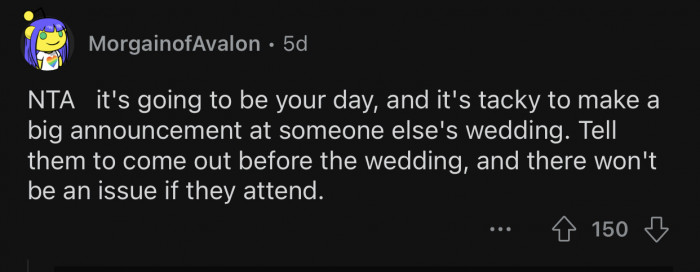 That day is supposed to be about Op, not her partner's cousin.