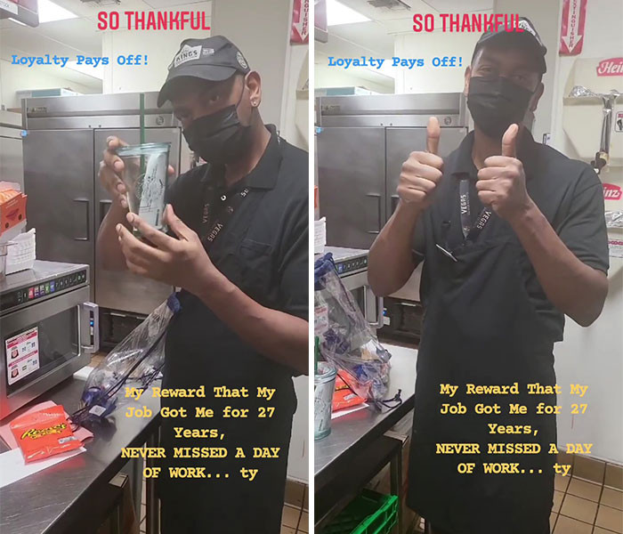 He only received a goodie bag from his team, which contained a reusable Starbucks cup, a movie ticket, two pens, and some cheap candy—but he was still very much grateful.