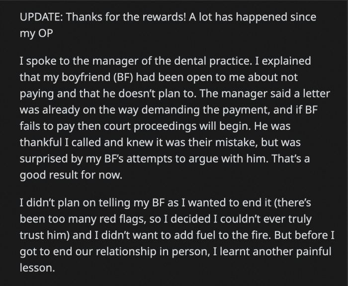 OP spoke to the manager and told him everything she knows. He said a demand letter was already on the way, and if OP's boyfriend fails to pay, they will take him to court. OP did find another lie of his.