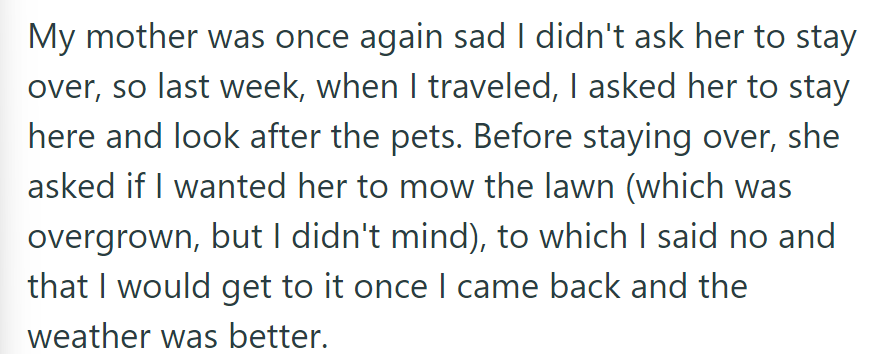 OP's mother was saddened for not being asked to stay. She asked to look after the pets and offered to mow the lawn, but OP declined.