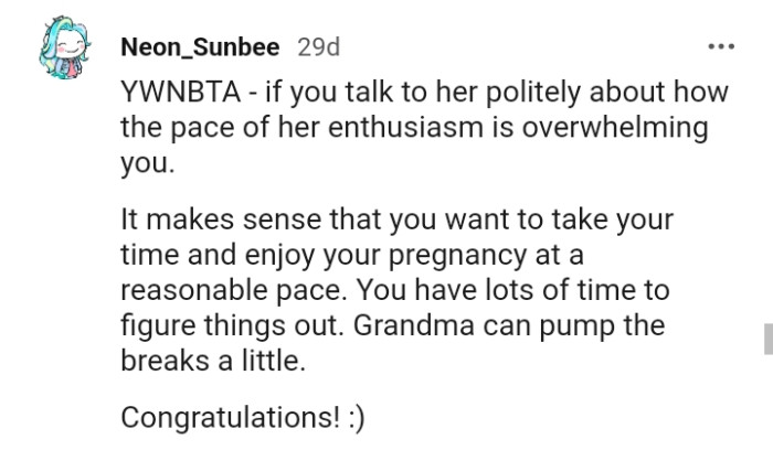 It makes sense that the OP wants to take her time and enjoy her pregnancy