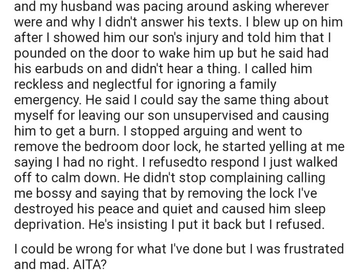 When They Got Home, OP Got into a Heated Argument with Their Husband and Ended Up Removing the Door Lock