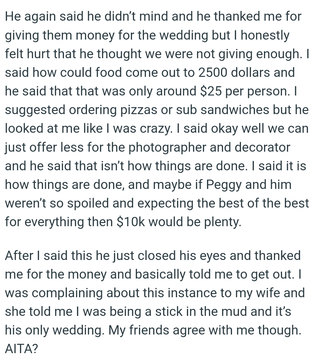 OP suggested ordering pizzas or sub sandwiches, but he looked at him like he was crazy