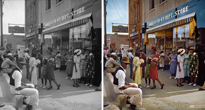 Shopping and visiting on the main street of Pittsboro, North Carolina, Saturday afternoon, photographed by Dorothea Lange in July 1939.