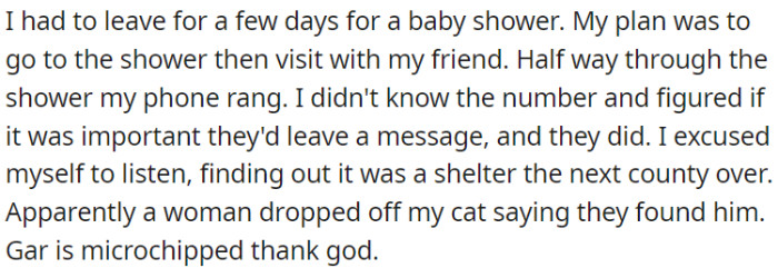 During a baby shower, OP received a call from a shelter regarding Gar, all thanks to his microchip.