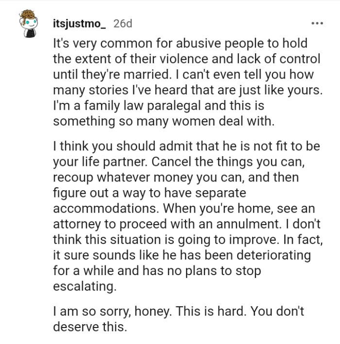 The OP should see an attorney to proceed with the marriage annulment when she gets back home