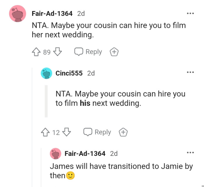 The cousin hiring the OP for his next wedding