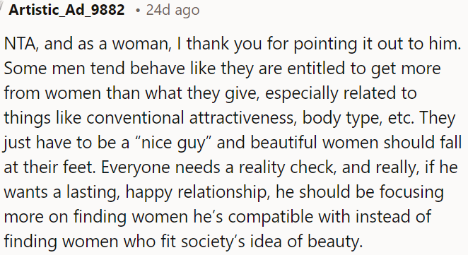 Some men feel entitled to more from women, especially regarding conventional attractiveness.