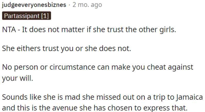 It seems she might be upset about missing a trip to Jamaica and is using this situation to vent her frustration.