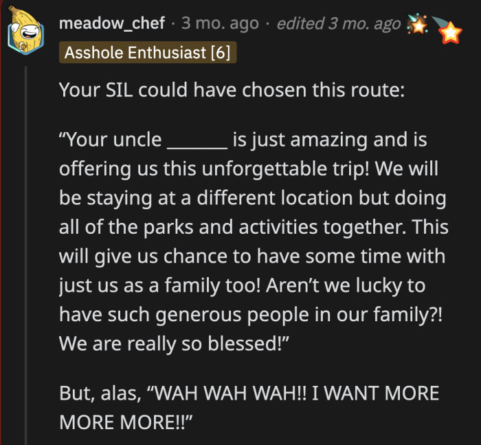 Sister-in-law and her husband just saved themselves and their children from having fun on a vacation they didn't have to pay for!