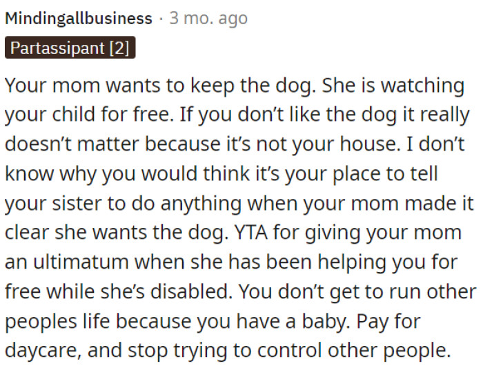 It's not OP's place to interfere, and giving her an ultimatum is not fair.