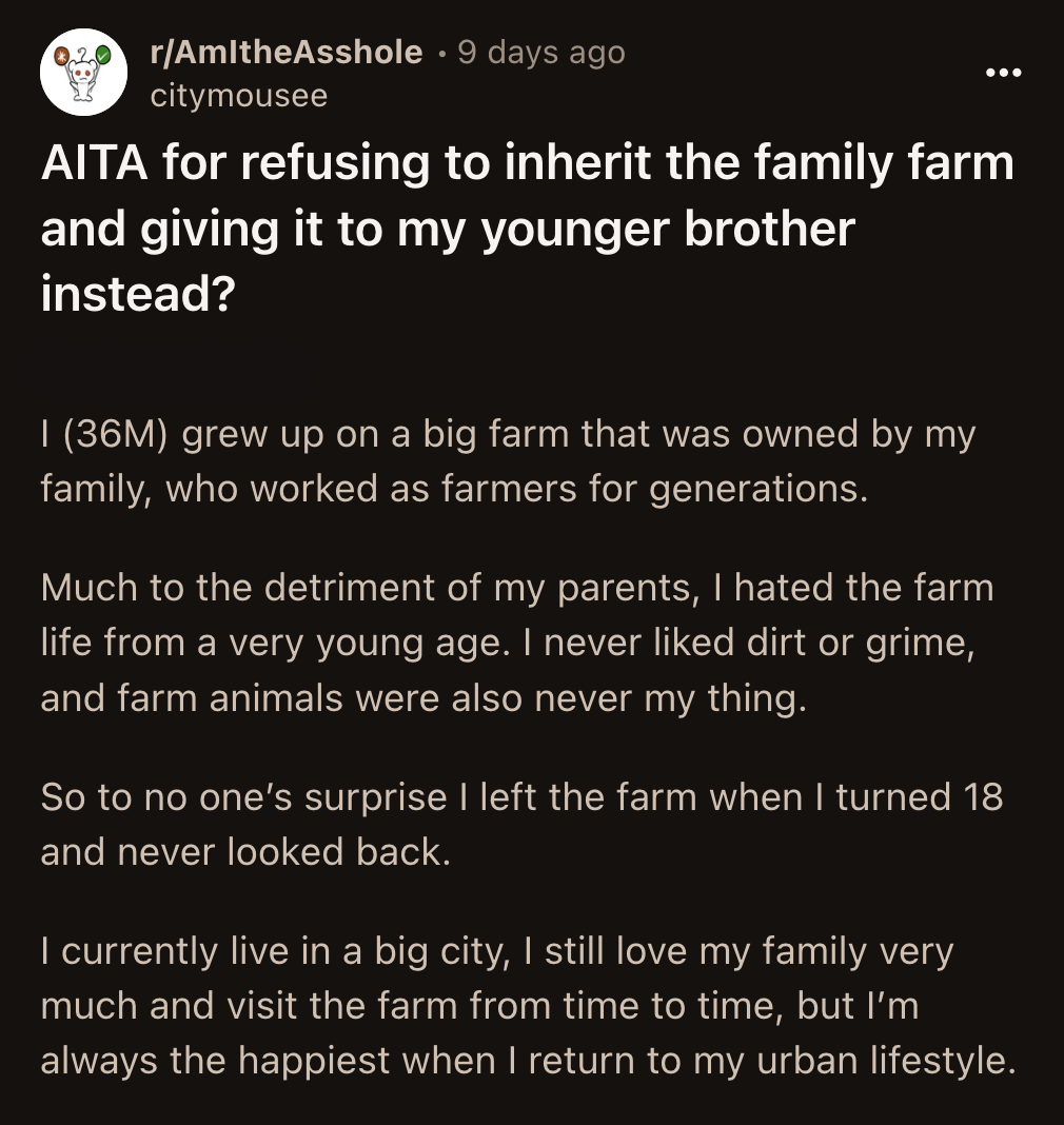 OP's wife, Jules, felt differently about the farmland. She was upset and said OP made a shortsighted decision.