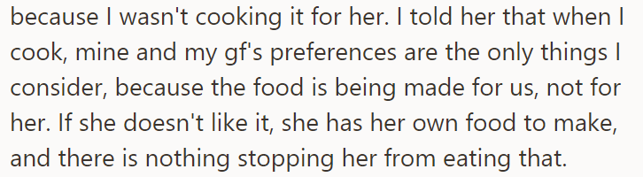 Then the OP told her she could cook her own food