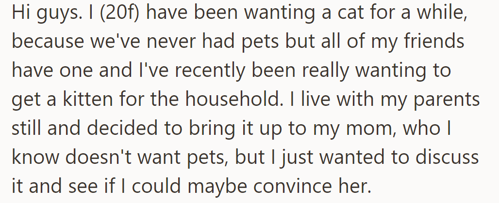 OP wants a kitten, hopes to convince her anti-pet mother by discussing it.