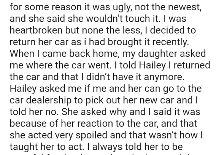 His Daughter Asked Why the Car Was Returned, and the OP Said It Was Because of Her Reaction to the Car