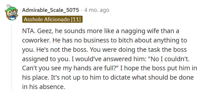 No room for a coworker-nag in the kitchen! He's right, the boss decides the pizza rules, and he's simply following orders.
