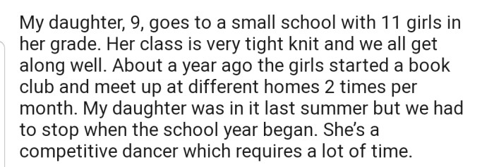 OP stopped her daughter from attending the book club so that she can focus on her dance classes