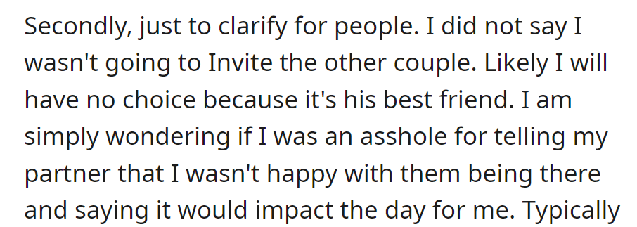 OP Questions If Expressing Dissatisfaction About Potentially Having to Invite the Other Couple, Due to the Partner's Best Friend, Makes Them in the Wrong.