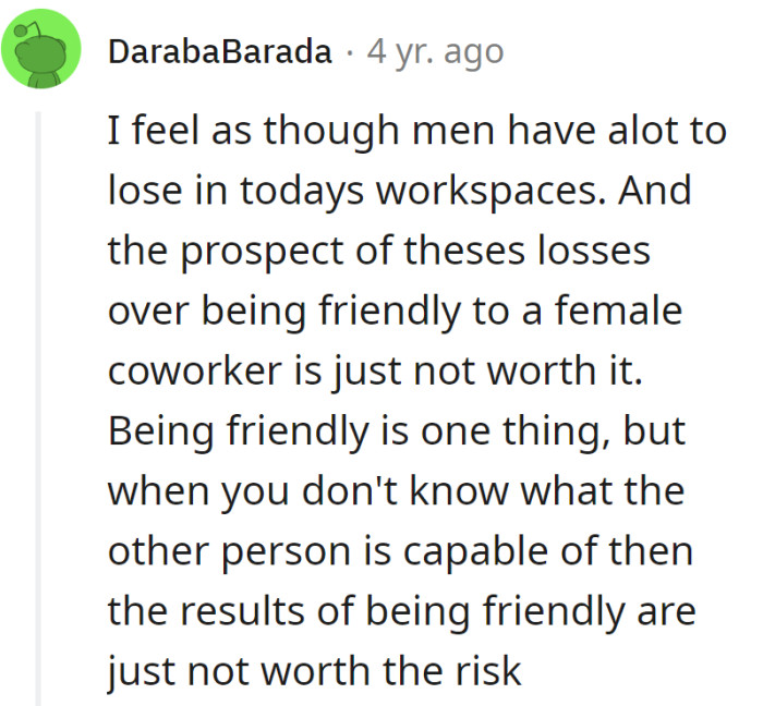 Men in today's workplace: high stakes. Being too friendly? It's like corporate tightrope walking—uncertain steps, lots to lose.
