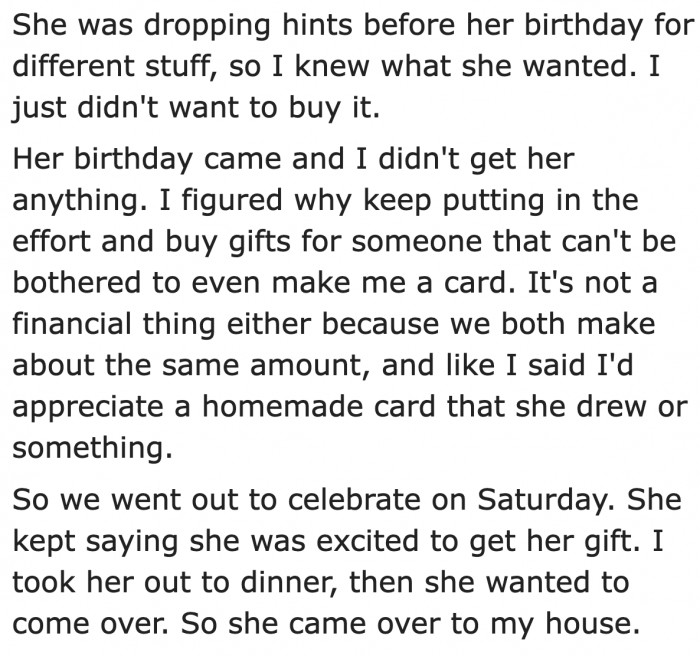 The girlfriend is looking forward to her present.