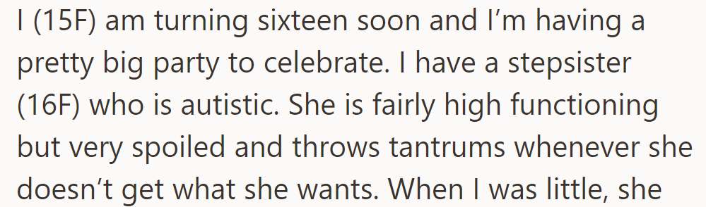 OP plans a party while dealing with her autistic stepsister's tantrums.