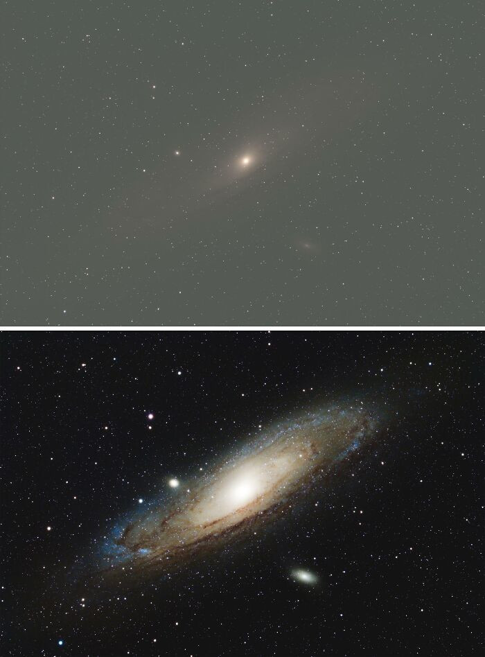 "Before And After Processing Of The Andromeda Galaxy From My Backyard"