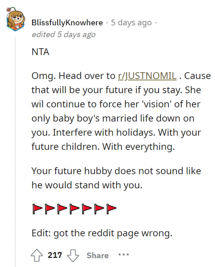 This Redditor even mentioned another subreddit (r/JUSTNOMIL) where they talk about “nasty, cruel, toxic, abusive” mother-in-laws (and just moms in general).