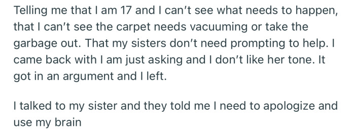 OP’s sisters have urged him to apologize. After all, he should have “used his brain.”