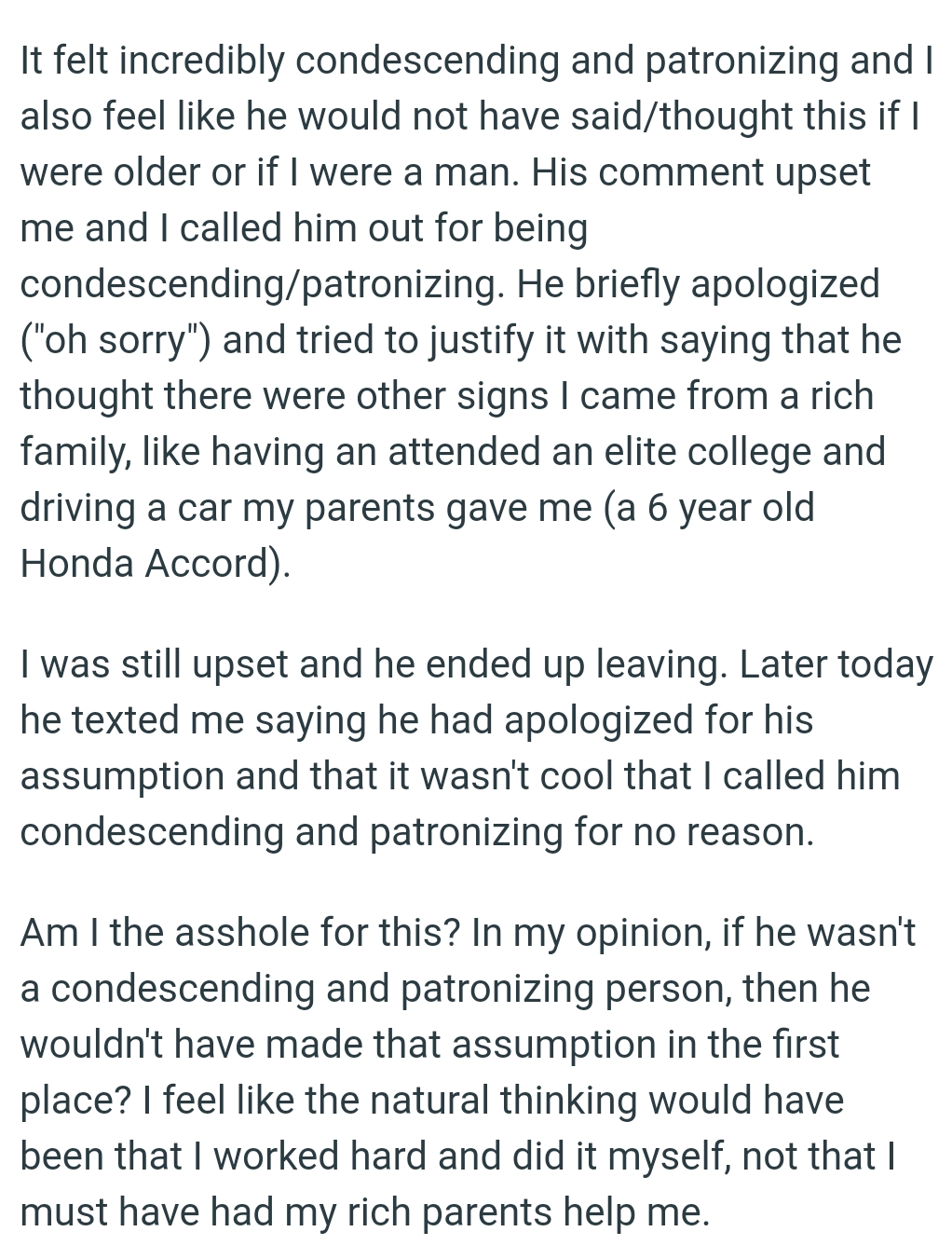 OP attended an elite college and is driving a car her parents gave her