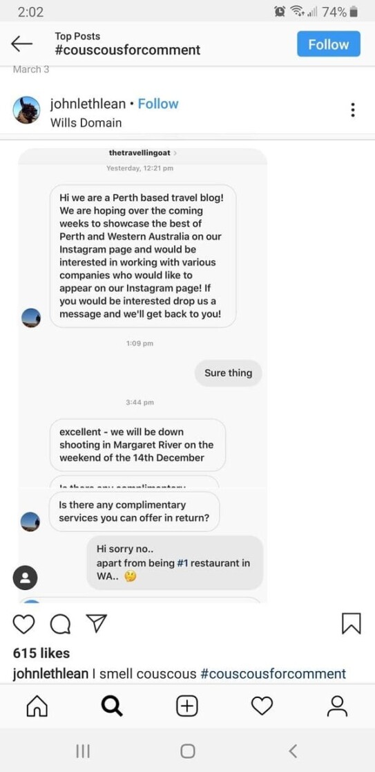 1. A travel blog wants to showcase a popular restaurant but requests payment for featuring it.