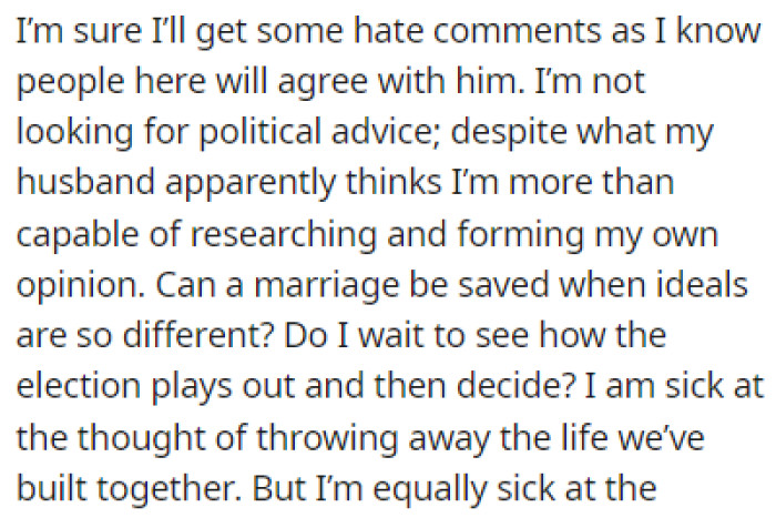 OP is now wondering if her marriage can be saved even though their ideals are now different