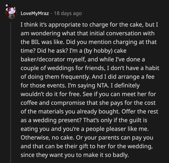 Was it clear from the initial conversation that OP was expecting compensation for baking the cake?