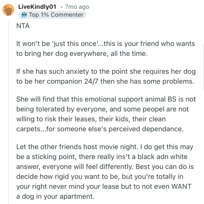 “You’re totally in your right never mind your lease but to not even WANT a dog in your apartment.”